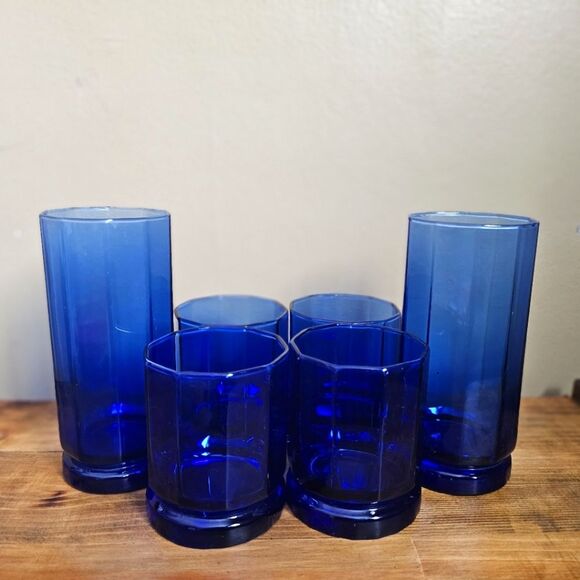 Anchor Hocking Cobalt Blue Drinking Glass Vessels - 2 Tall 4 Short (Lot of 6) - Picture 1 of 7